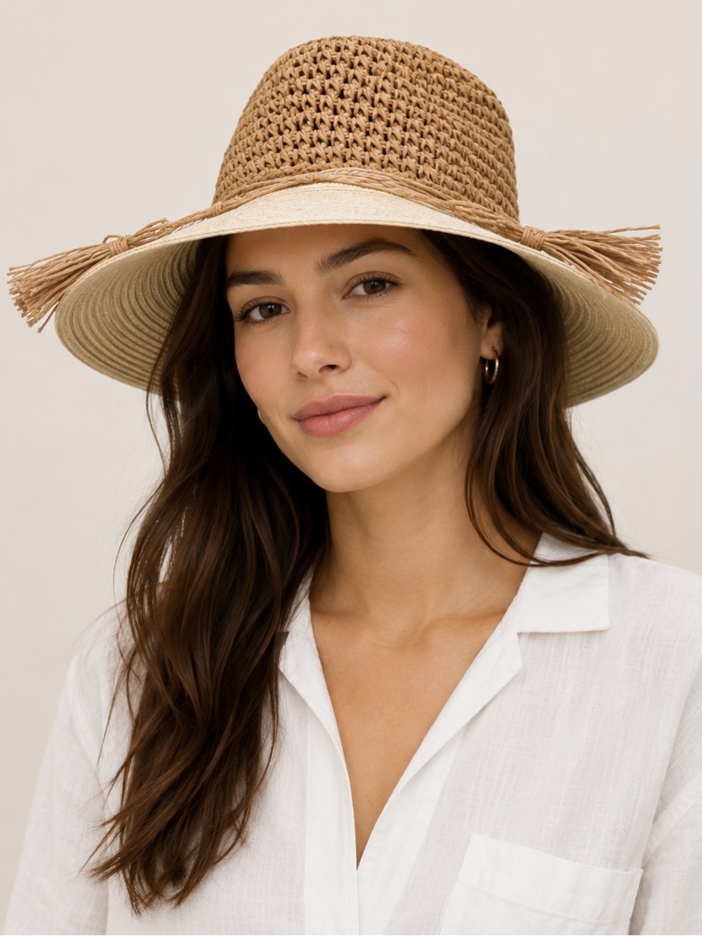 Women's Tan and Cream Straw Hat